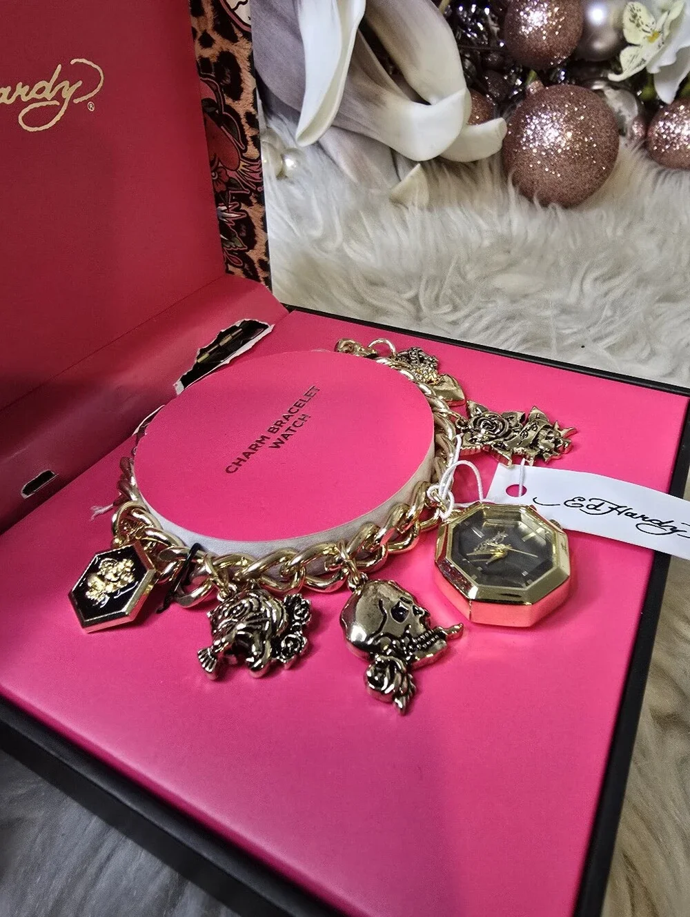 Ed Hardy Lobster closure, Gold tone bracelet, octagon shaped watch new